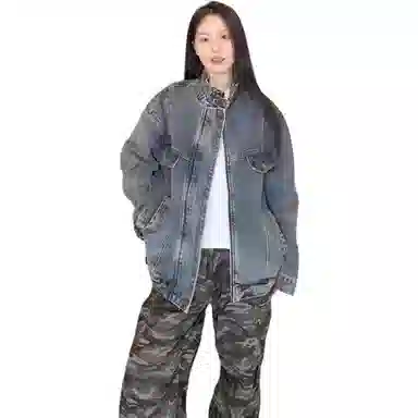 邓大喵 美式复古水洗做旧男女秋季潮牌高级感宽松休闲工装夹克女牛仔外套 男女同款
