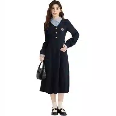 邓大喵 学院风拼接假两件女春季秋季法式高级感收腰显瘦精致长裙子连衣裙 女款