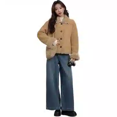 邓大喵 短款冬季皮毛一体麂皮加绒上衣女外套 女款