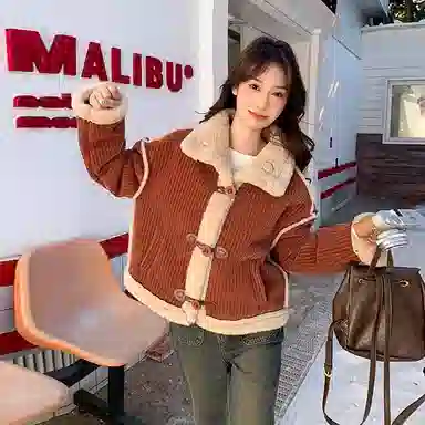 邓大喵 皮毛一体羊羔毛短外套冬季加绒加厚保暖灯芯绒女秋冬穿搭棉服 女款