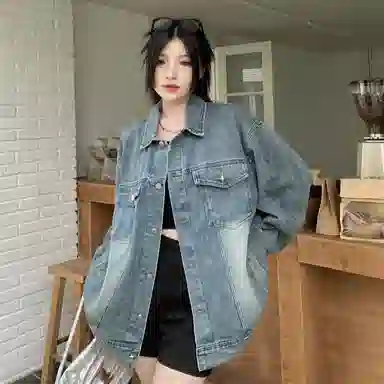 邓大喵 美式水洗复古百搭秋季女高街潮牌宽松情侣夹克牛仔外套 女款