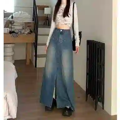 邓大喵 高腰薄款设计开叉长款百搭裙子牛仔长裙 女款
