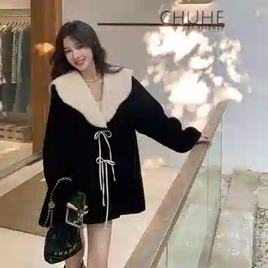 邓大喵 法式环保外套赫本气质小香风加厚中长款毛毛大衣女皮草 女款