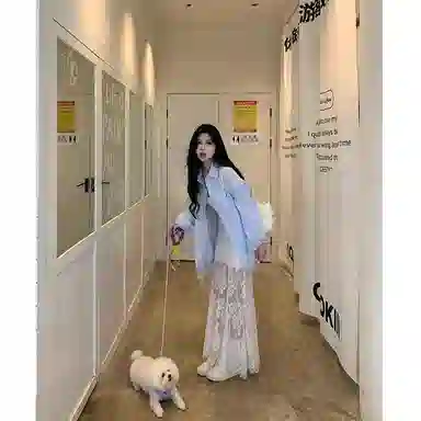邓大喵 宽松百搭时尚设计感蕾丝拼接长袖衬衫小众蕾丝长款连衣裙裙装套装 女款