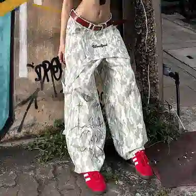 邓大喵 美式复古浅灰色迷彩不规则印花飘带分割设计梭织长裤休闲裤 女款