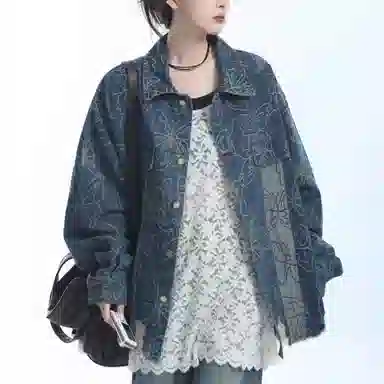 邓大喵 下摆破洞蝴蝶提花女中长款早春秋季毛边流苏刺绣夹克上衣牛仔外套 女款