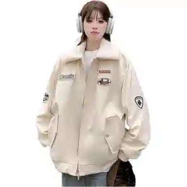 邓大喵 美式加棉加厚外套女秋冬翻领拼色绣标宽松保暖棉服棒球服 女款