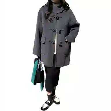 邓大喵 秋冬连帽牛角扣双面毛呢女小个子百搭减龄外套好看大衣 女款