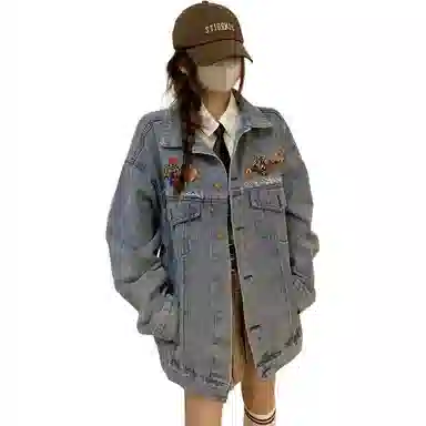 邓大喵 春季重工刺绣小熊女高级感炸街宽松夹克上衣潮牌牛仔外套 女款