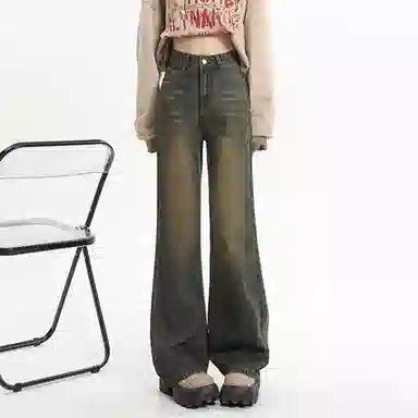 邓大喵 美式复古高个子阔腿女秋冬高腰显瘦宽松加长直筒拖地裤牛仔裤 男女同款
