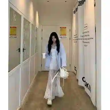 邓大喵 宽松百搭时尚设计感蕾丝拼接长袖衬衫小众蕾丝长款连衣裙裙装套装 女款