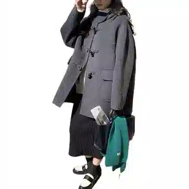 邓大喵 秋冬连帽牛角扣双面毛呢女小个子百搭减龄外套好看大衣 女款