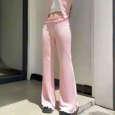 邓大喵 甜美粉色褶皱腰头拼接蝴蝶结长裤百搭居家可外穿直筒裤休闲裤 女款