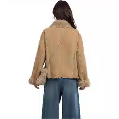 邓大喵 短款冬季皮毛一体麂皮加绒上衣女外套 女款