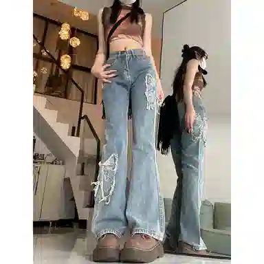 邓大喵 美式辣妹加长微喇叭女夏季高腰宽松显瘦阔腿拖地裤子潮牛仔裤 女款