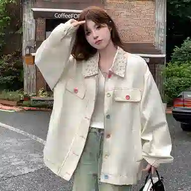 邓大喵 甜美碎花翻领牛仔外套女加厚宽松百搭上衣夹克 女款