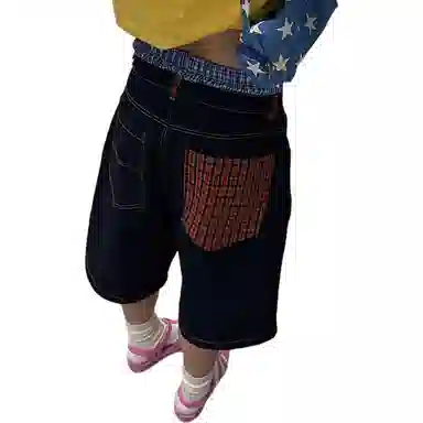 邓大喵 美式复古格子拼接七分裤低腰炸街宽松工装中裤牛仔短裤 女款