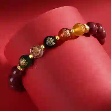 福茹记 五路财神新中式国潮五行串珠手链国风多彩转运珠本命年平安纳福招财进宝小众相思豆念珠 再造辰砂朱砂 手串 女款 礼物礼盒