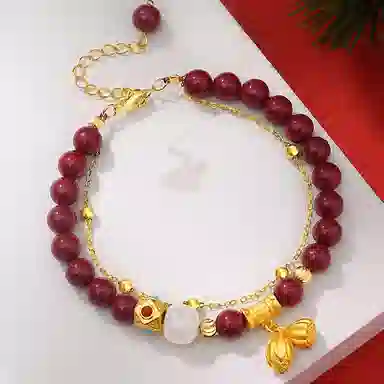 福茹记 福运莲莲新中式国潮莲蓬两世合欢双层叠戴好运连连本命年转运珠平安纳福小众百搭款可调节 再造辰砂朱砂 手串 女款 礼盒装