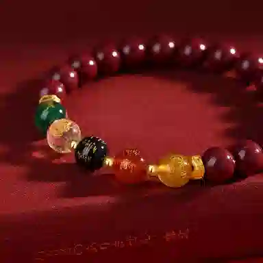 福茹记 五路财神新中式国潮五行串珠手链国风多彩转运珠本命年平安纳福招财进宝小众相思豆念珠 再造辰砂朱砂 手串 女款 礼物礼盒