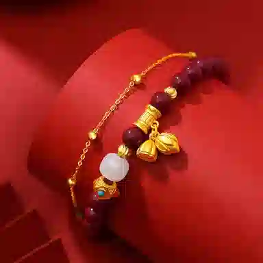 福茹记 福运莲莲新中式国潮莲蓬两世合欢双层叠戴好运连连本命年转运珠平安纳福小众百搭款可调节 再造辰砂朱砂 手串 女款 礼盒装