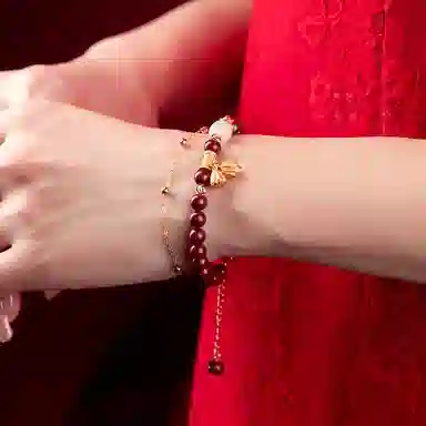 福茹记 福运莲莲新中式国潮莲蓬两世合欢双层叠戴好运连连本命年转运珠平安纳福小众百搭款可调节 再造辰砂朱砂 手串 女款 礼盒装