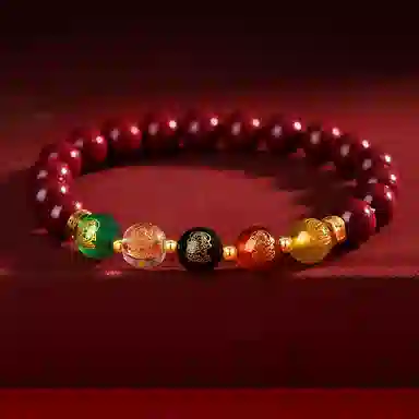 福茹记 五路财神新中式国潮五行串珠手链国风多彩转运珠本命年平安纳福招财进宝小众相思豆念珠 再造辰砂朱砂 手串 女款 礼物礼盒