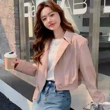 桴生 韩系炸街西装领拉链翻领短款合身简约长袖皮衣 女款
