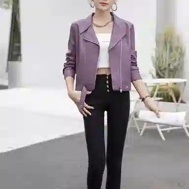 桴生 韩系炸街西装领拉链翻领短款合身简约长袖皮衣 女款