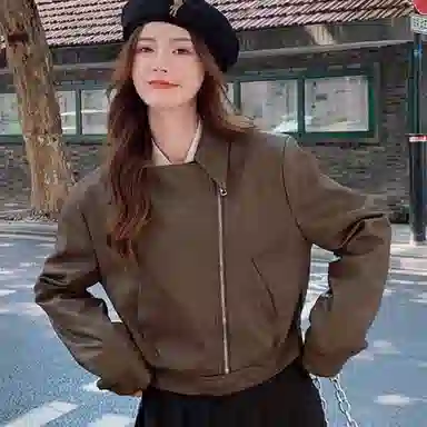 桴生 韩系炸街西装领拉链翻领短款合身简约长袖皮衣 女款