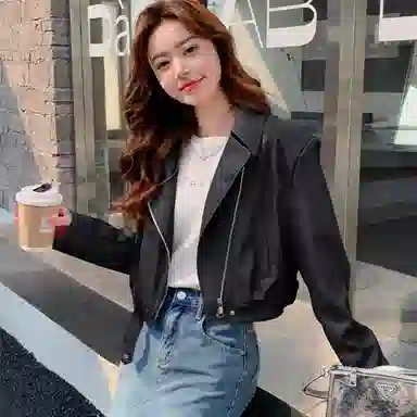 桴生 韩系炸街西装领拉链翻领短款合身简约长袖皮衣 女款