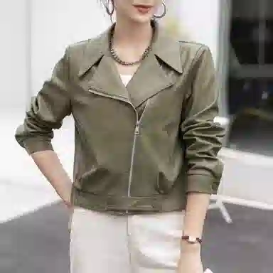 桴生 韩系炸街西装领拉链翻领短款合身简约长袖皮衣 女款
