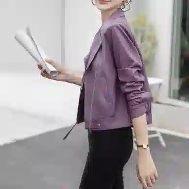 桴生 韩系炸街西装领拉链翻领短款合身简约长袖皮衣 女款