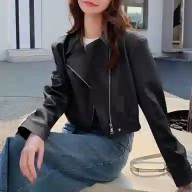 桴生 韩系炸街西装领拉链翻领短款合身简约长袖皮衣 女款