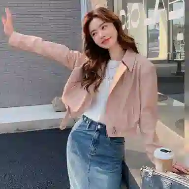 桴生 韩系炸街西装领拉链翻领短款合身简约长袖皮衣 女款