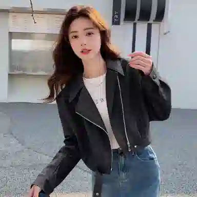 桴生 韩系炸街西装领拉链翻领短款合身简约长袖皮衣 女款