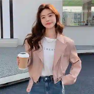 桴生 韩系炸街西装领拉链翻领短款合身简约长袖皮衣 女款