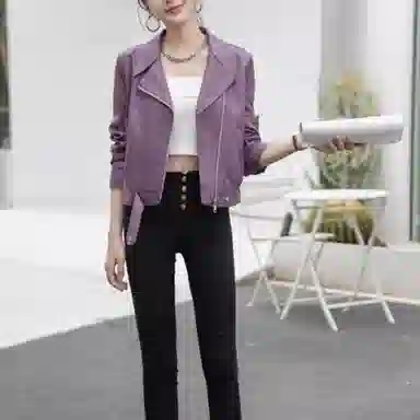 桴生 韩系炸街西装领拉链翻领短款合身简约长袖皮衣 女款