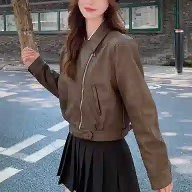 桴生 韩系炸街西装领拉链翻领短款合身简约长袖皮衣 女款