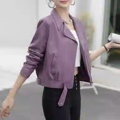 桴生 韩系炸街西装领拉链翻领短款合身简约长袖皮衣 女款