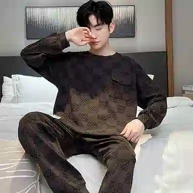 莫代尔 圆领长袖宽松休闲春秋睡衣套装 男款 灰黑色