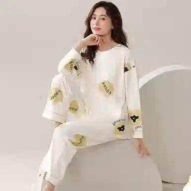 莫代尔 纯棉家居服长袖薄款套头印花春夏秋款大学生睡衣套装 女款 白底字母