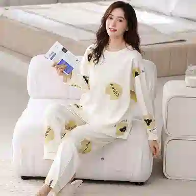 莫代尔 纯棉家居服长袖薄款套头印花春夏秋款大学生睡衣套装 女款 白底字母