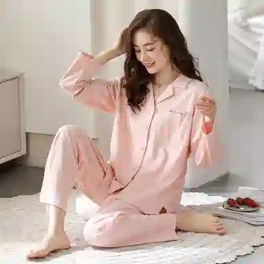 莫代尔 休闲舒适开衫纯色长袖长裤家居服可外穿睡衣套装 女款 水蜜桃