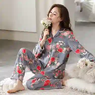 莫代尔 花卉满印翻领开衫长袖长裤亲肤舒适可外穿睡衣套装 女款 雾蓝色