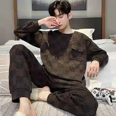 莫代尔 圆领长袖宽松休闲春秋睡衣套装 男款 灰黑色