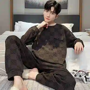 莫代尔 圆领长袖宽松休闲春秋睡衣套装 男款 灰黑色