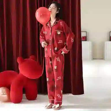 莫代尔 透气舒适亲肤长袖长裤睡衣套装 女款 红色