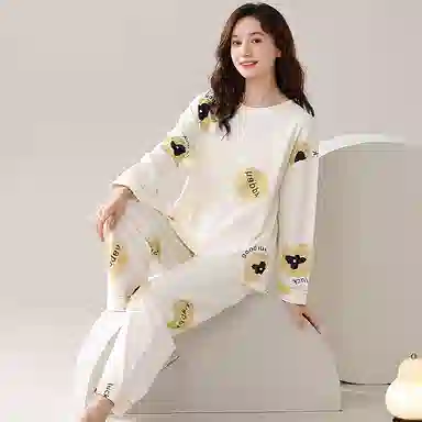 莫代尔 纯棉家居服长袖薄款套头印花春夏秋款大学生睡衣套装 女款 白底字母