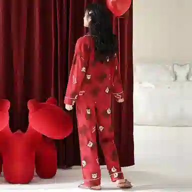 莫代尔 透气舒适亲肤长袖长裤睡衣套装 女款 红色